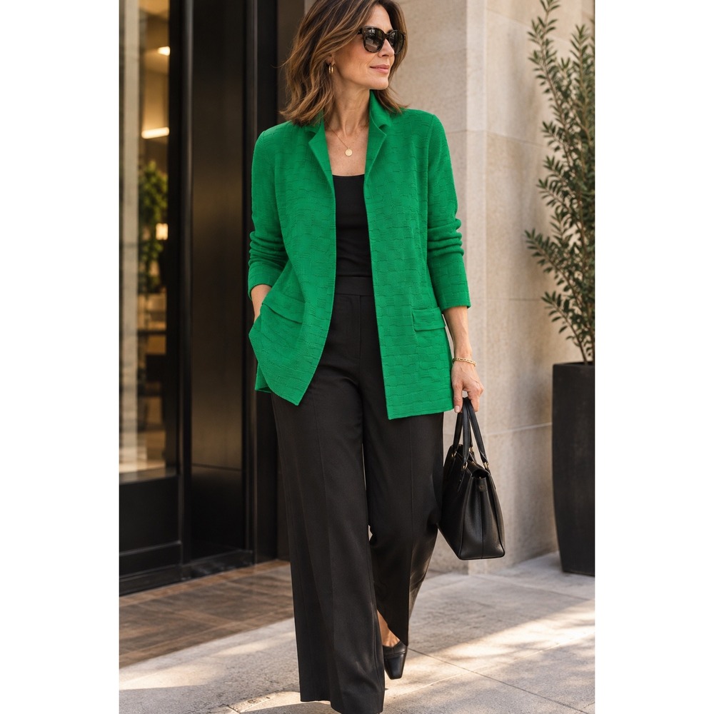 Misook Textured Knit Open Front Cardigan Jacket Mock Neck Kelly Green Large L